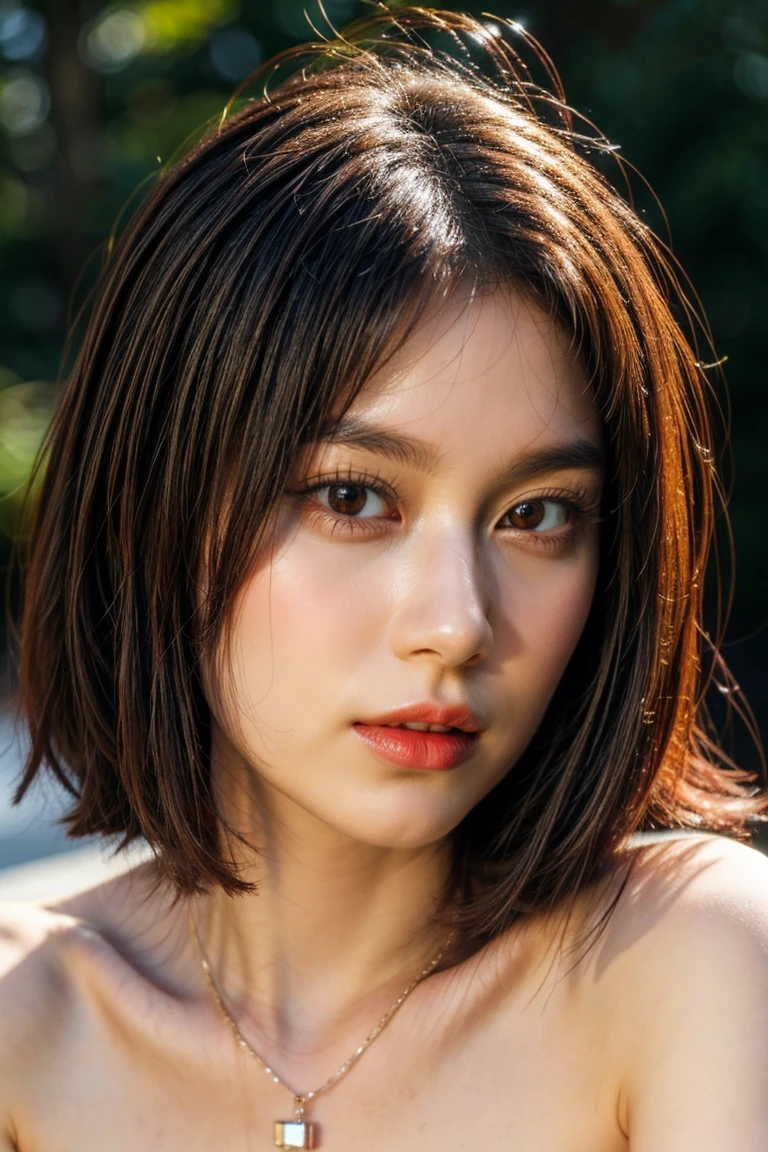 realistic, photo-realistic, best quality, masterpiece, RAW photo, high resolution, intricate details, extremely detailed, sharp details, sharp focus, (portrait, face focus, frontal photography), solo, a Japanese clothed woman, detailed face, detailed eyes, beautiful pupils, sophisticated nose, pale skin, fine-textured skin, necklace, jewelry, collarbone, simple background,,,