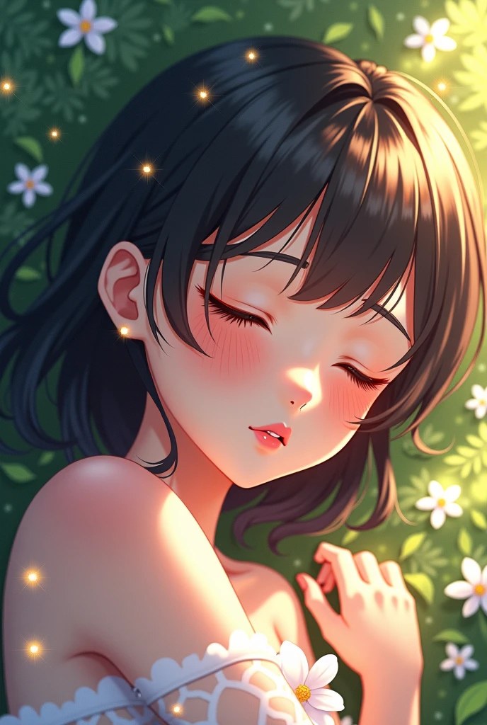 (highest quality, High resolution), Glowing Eyes, Delicate facial features, Vibrant colors, Dreamy atmosphere, Fantasy Theme, Floral Background, Graceful Movement,  Magic lighting, Mysterious Aura, Heavenly Beauty, Magic thread, Whimsical elements,Big Breasts、sexy、Nothing to wear、Do not wear clothing、naked、naked body、naked ape