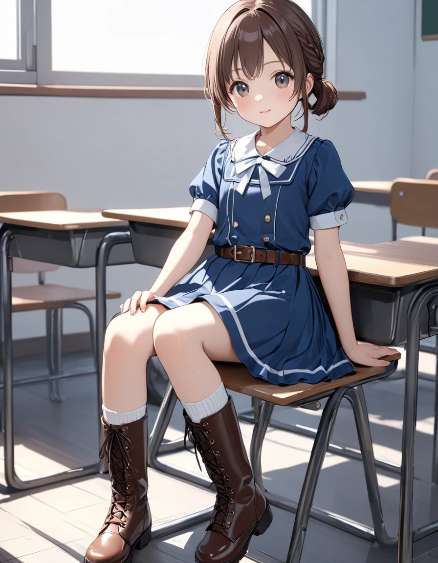 masterpiece, ULTRA DETAIL, top quality ,8k, illustration,小さい girl ,幼い girl , short, is short,Lori,Lori小学生, cute face, clean skin , shiny hair, girl ,Classroom-like background, m dress ,  boots, belt