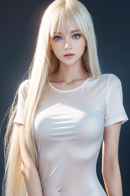  Unmatched Beauty ,  firm and shiny skin ,  bangs between eyes, Beautiful shiny straight platinum blonde,  Super Long Straight Silky Hair,  eyeliner ,  sexy beautiful innocent , High resolution big beautiful bright blue eyes,  beautiful and lovely girl, *********, Short sleeve shirt、 EROTIC 