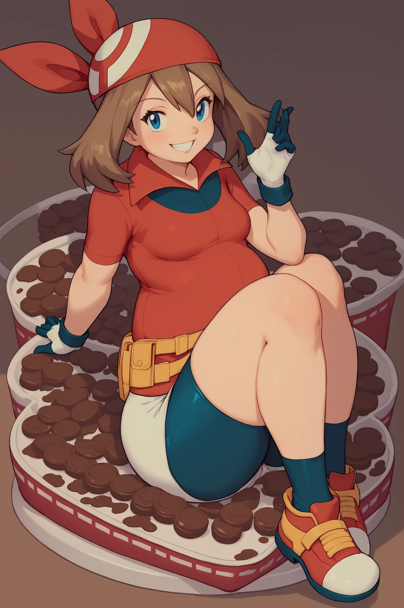 score_9, score_8_up, score_7_up, score_6_up, BREAK, MayPXL, blue eyes, brown hair, short hair, hair between eyes, red bandana, small breasts, red shirt, short sleeves, gloves, white skirt, blue shorts, blue socks, red shoes, solo, full body, seductive smile, looking at viewer, chocolate factory,Obese