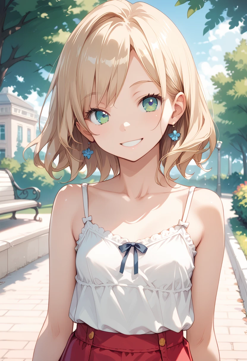 masterpiece, best quality, score_9, score_8_up, source_anime, girl, (petite), smile, camisole, park,