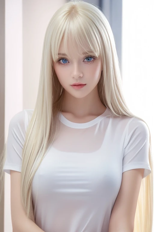  Unmatched Beauty ,  firm and shiny skin ,  bangs between eyes, Beautiful shiny straight platinum blonde,  Super Long Straight Silky Hair,  eyeliner ,  sexy beautiful innocent , High resolution big beautiful bright blue eyes,  beautiful and lovely girl, Baby Face, Short sleeve shirt、 EROTIC 