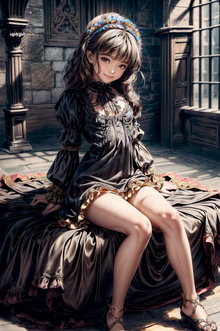 masterpiece, Highly detailed, super realistic, detailed background,
 bright Lighting, Daylight, beautiful face, beautiful eyes,
 medieval style, 1girl, solo,
(10-years-old little-princess)  sitting,  (long light-brown-curly-hair),
wearing ((Frilled Victorian mediaeval-colorful-dress:1.2)),
(Golden bracelet) and (Roman sandals),
( long dress, long sleeve, elegant),
 (((tiny breasts:1.5, (slender legs), (Slender thighs)))),
(pretty face), 
