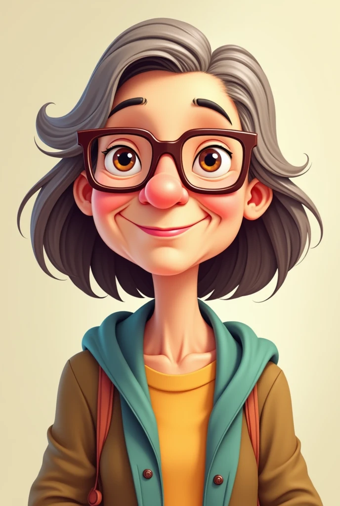Style manga, une femme de 66 ans blanche, aux yeux bleus, cheveux poivre et sel courts. Elle a des appareils auditifs, elle sourit et son t-shirt est jaune.