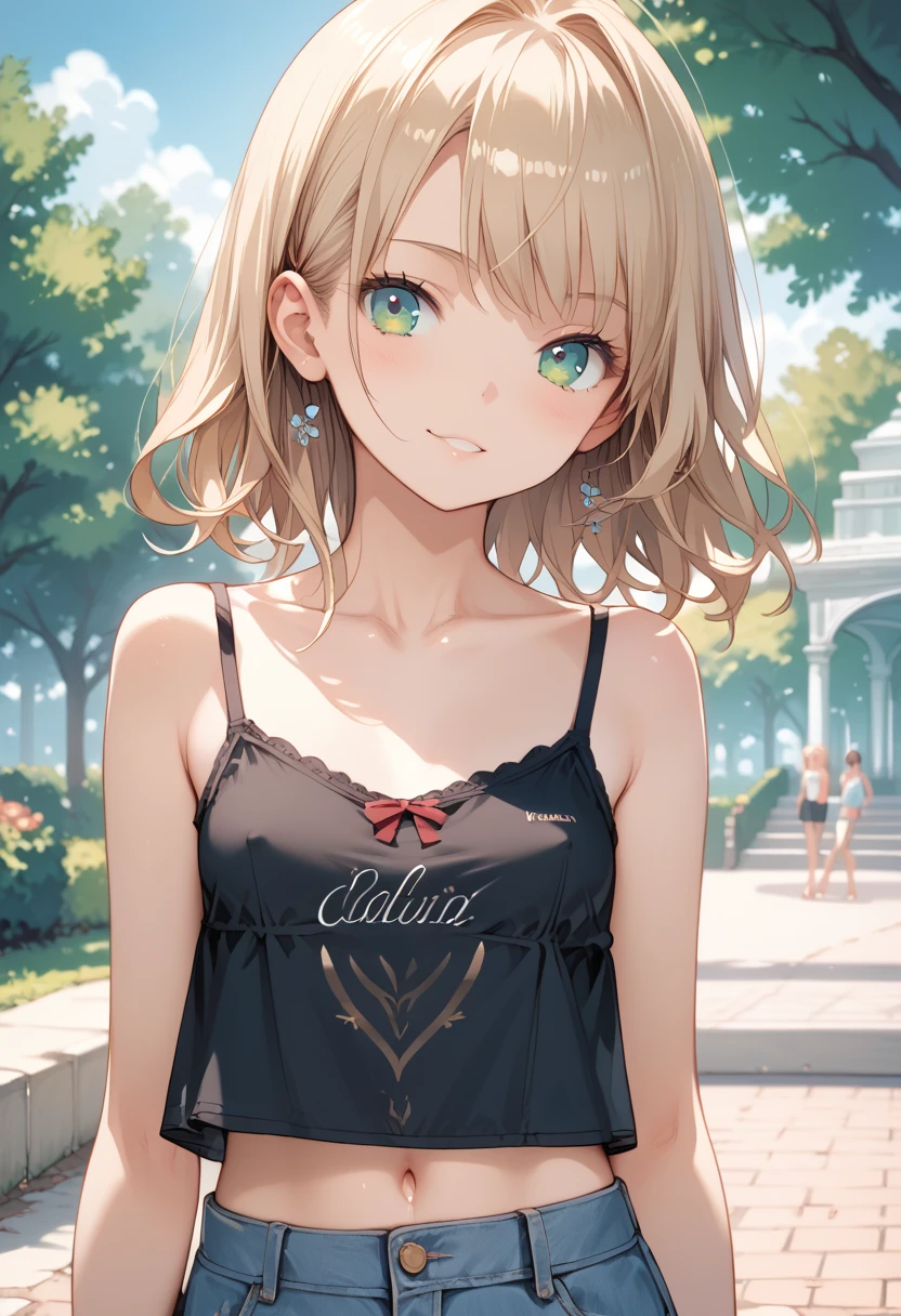 masterpiece, best quality, score_9, score_8_up, source_anime, girl, (petite), camisole, park,