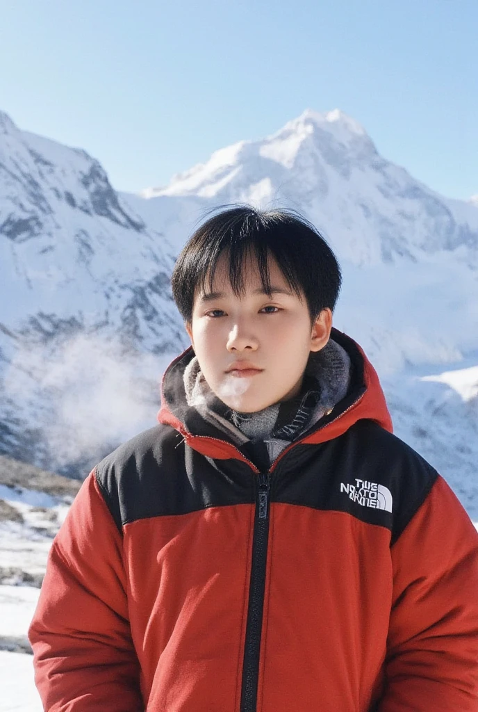 natphurin, a portrait photo of 7-year boy, natural skin, high quality, 16k, masterpiece, detailed face, A boy wearing in a cozy winter coat stands amidst the breathtaking Himalayan backdrop, where snow-capped peaks tower under a crisp, icy sky. The air is frigid, her breath visible as he gazes at the serene, frosty landscape. The scene exudes tranquility and nature’s raw beauty.