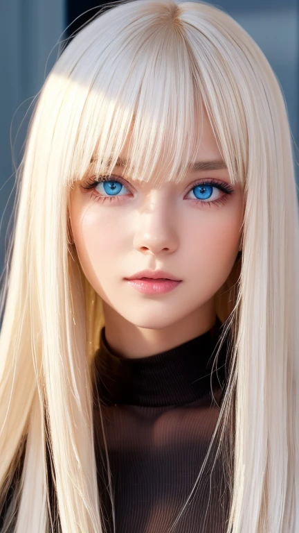  Unmatched Beauty ,  firm and shiny skin ,  bangs between eyes, Beautiful shiny straight platinum blonde,  Super Long Straight Silky Hair,  eyeliner ,  sexy beautiful innocent , High resolution big beautiful bright blue eyes,  beautiful and lovely girl, Baby Face, Short sleeve shirt、 EROTIC 