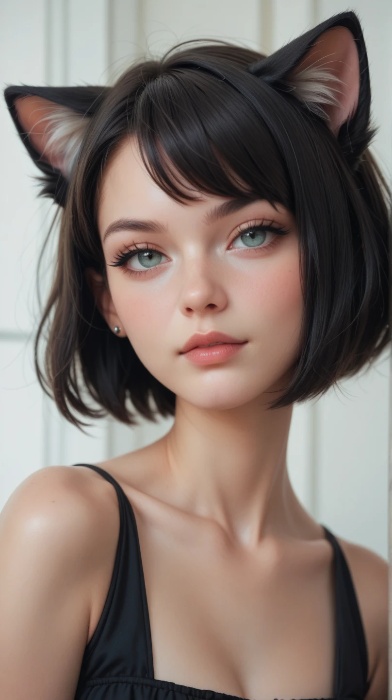 A pretty girl wearing a black dress, her eyes deep pretty, Short hair, and her head have a cat's ear