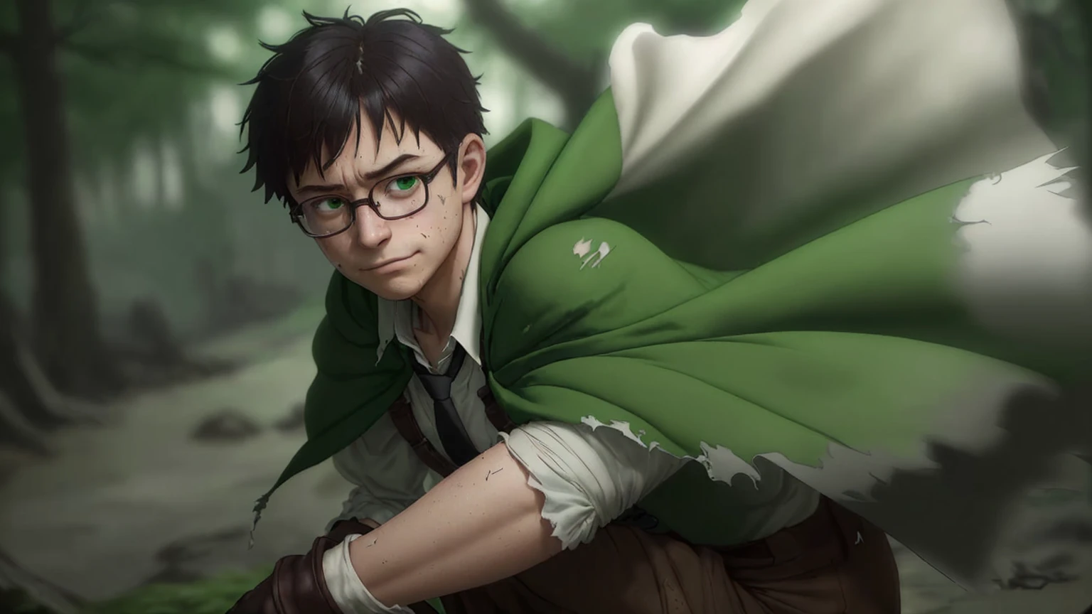 Boy、short hair、dark gloves、brown shorts、big round glasses、adventurer、teenager、、、head down、langry、smile、despondency、betrayal、chill、hurt、make up for、forgive、rounded glasses、green cape、full body、brown coat、white shirt、green tie、brown shorts、black boots、dynamic pose、1 person、splash art、exterior background、natural lighting、moody atmosphere、forest environment、realistic proportions、messy hair、subtle tear streaks、soft facial shadows、slightly flushed cheeks、visible emotion、conflicted expression、like features、fine texture on clothing、movement in the cape、dusty boots、intricate detailing on fabric、slight wind effect、focused composition、rich color depth、high contrast shading、detailed foliage backdrop、emotive storytelling pose、immersive perspective、slight tilt in head、downtrodden gaze、small hands、ish innocence. green cape, rich dark green fabric, slightly worn with frayed edges, tattered in places, flowing dramatically in the wind, draped over the shoulders, deep green shade, natural folds and creases, subtle light reflecting off the fabric, heavily textured fabric with slight distressed marks, slightly faded in some areas, vibrant green base color, shading near the edges, green hue consistent with natural lighting, creases showing movement, worn and weathered look, shadowing under the cape for added depth, natural fabric texture visible, ruffled and loose in motion, green tones blending with atmospheric lighting.  Soft but determined eyes, slightly glassy with visible tear streaks that reflect ambient light.
