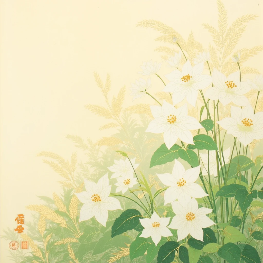 A traditional Japanese-style painting featuring delicate white flowers blooming amidst lush green foliage, inspired by classical Japanese art. The background should have a soft, muted beige tone with subtle golden accents and abstract grass-like patterns for depth. Include intricate details in the leaves, showing realistic veins and a variety of earthy green hues. Incorporate small additional plants and blossoms, maintaining a harmonious and serene composition. Use a watercolor or ink painting style to capture the elegance and tranquility of traditional Japanese aesthetics.