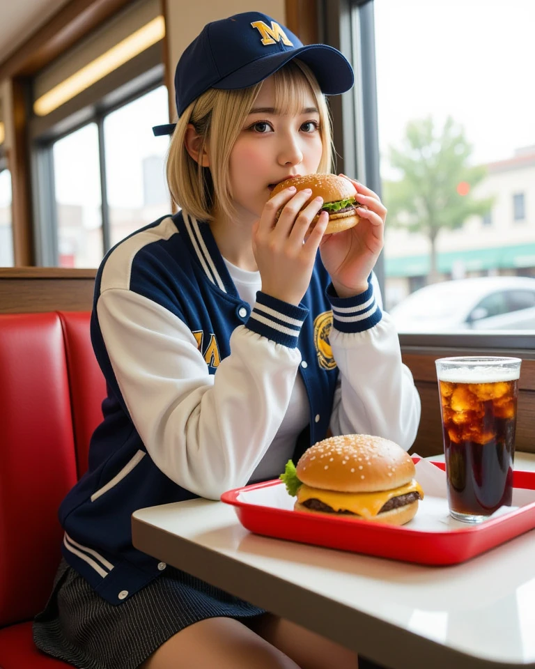 HyperRealistic, ultra detailed, best quality, absolutely resolution, masterpiece, 1Girl, blonde short hair, baseball-style cap, overly long sleeves baseball-style souvenir jacket, skirt, sneaker, from side, A girl taking a big bite of a Cheese Burger, A girl devouring a Cheese Burger, A red tray with a crispy fried and cola in a glass is on the table, sitting, in hamburger shop