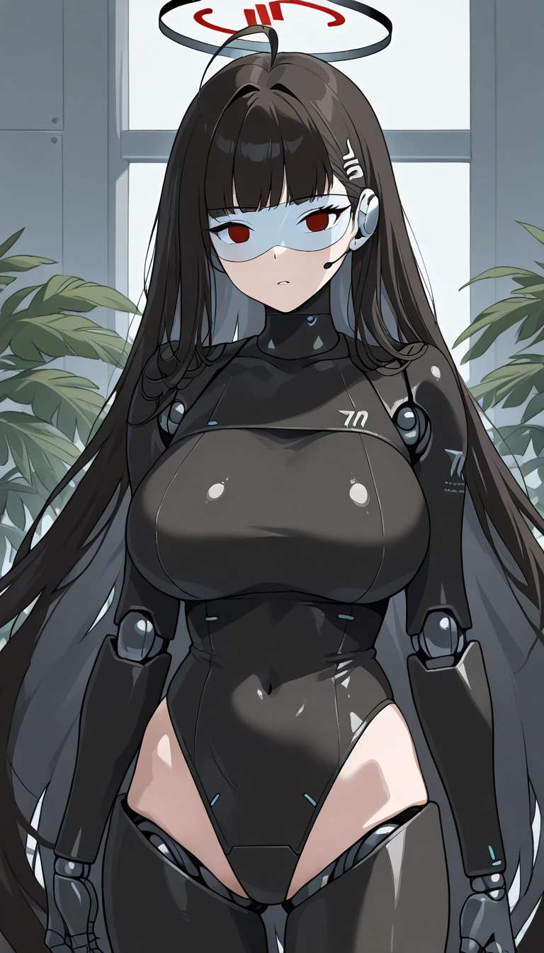 masterpiece, best quality, extremely detailed, (8K, 4K, Best Quality, hight resolution, 超A high resolution:1.1), ,8k portrait, Japaese android Girl,Plump , dark black leg cover,announcer,control panels,android,Droid,Mechanical Hand, Robot arms and legs, Black Robot Parts,Black long hair,Mechanical body,Blunt bangs,perfect mechanical abdomen,black robotics parts,perfect robot woman,future laboratory,cyber pank,charging spot,laboratory,long tube,thick cable connected her neck,black ceramic body ,perfect mechanical body, black robot body,lod antenna,mechanical ear cover,android,robot humanoid,black sponge joints,The removable cover is in the groin,The connection port is in the groin,opened chest panel,access panel on the chest,opened breast panel,perfect mechanical breast,perfect black machine body,perfect black android body,She has repaired,assembly plant,no human skin,visor,mistyrobot,rio(blue archive),robot joint,doll joint,empty eyes,malfunction