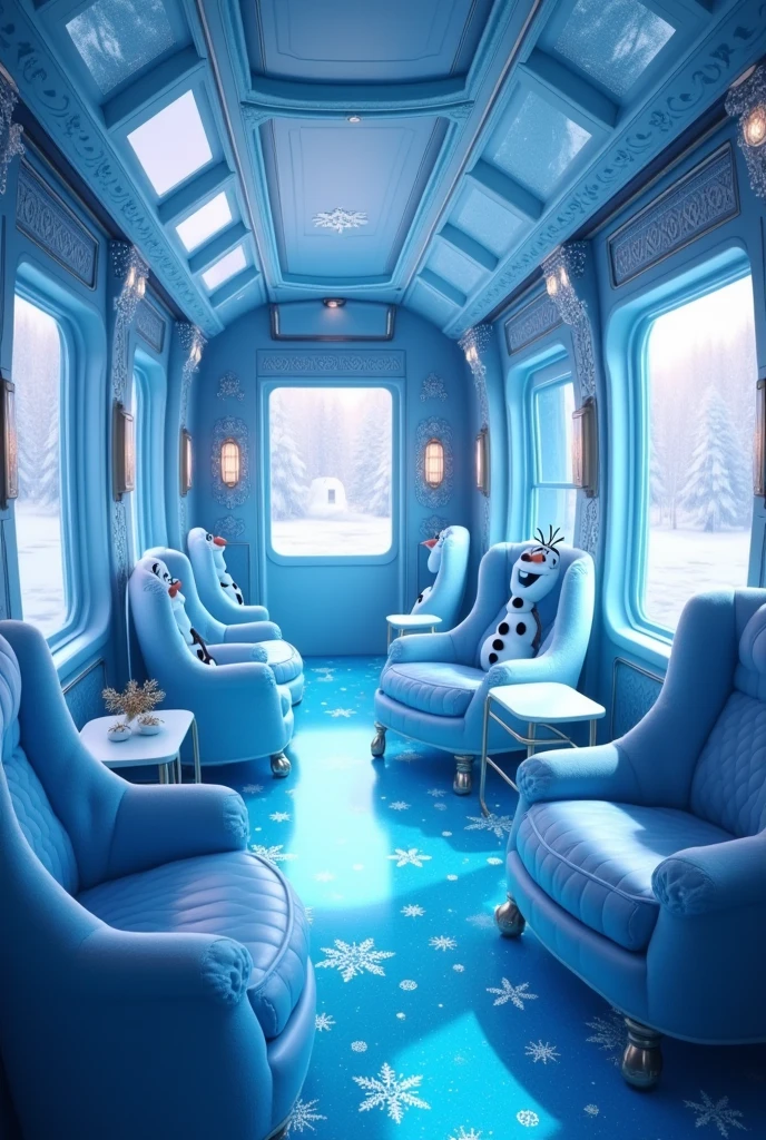  Inside the Frozen train are several olaf-shaped plush armchairs ,  glass windows .. The shiny blue plush floor  ,  the shiny plush blue walls ,  Everything with details from Frozen , blue and white , 