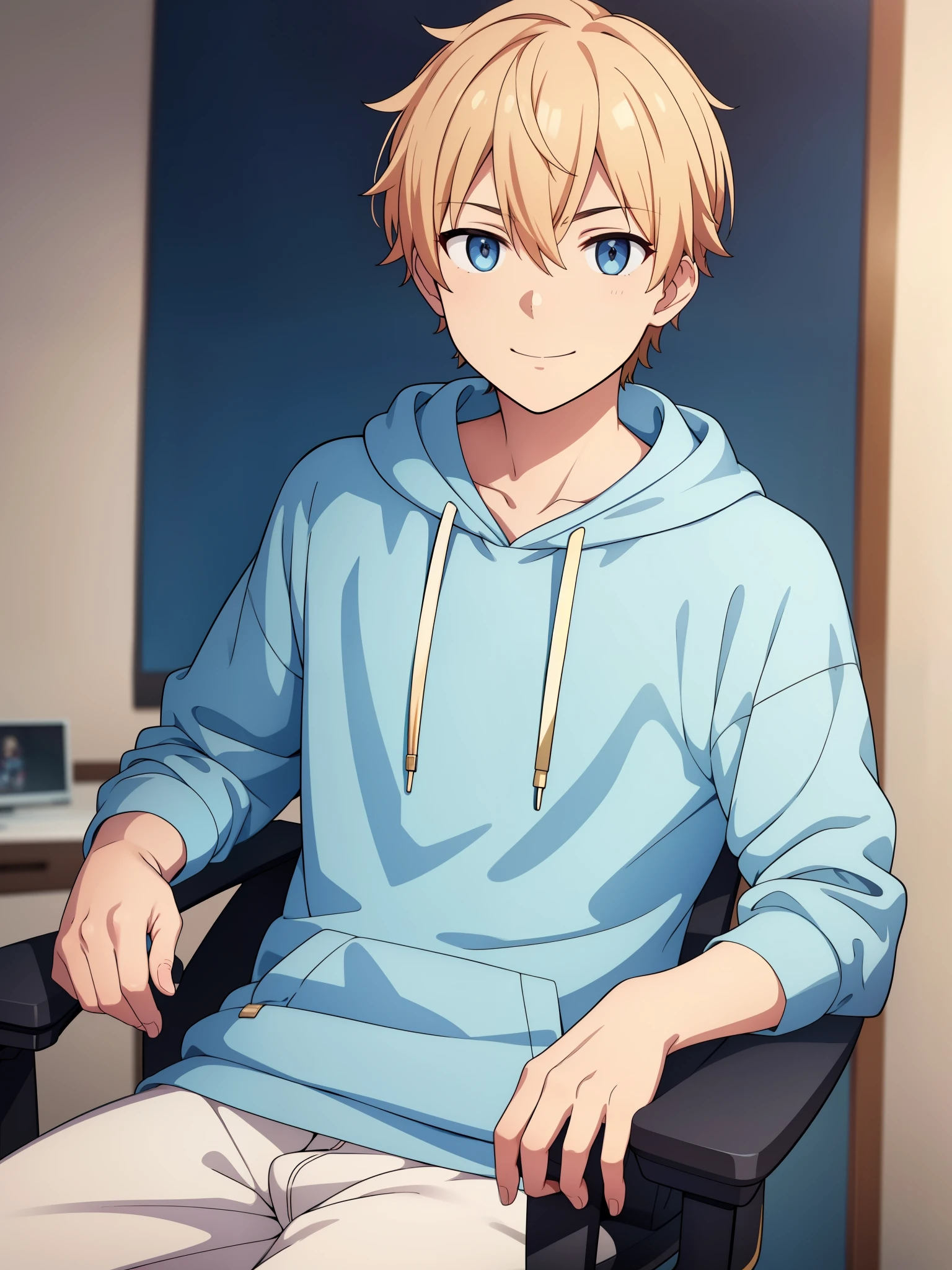 (high-quality, breathtaking),(expressive eyes, perfect face) 1boy, male, solo,  teenager, blonde color hair, gold highlight, white skin, light blue eye color, short hair length, fluffy spiky hair, blue hoodie, Symmetrical Eyes, portrait, halfbody, positive expression, cute, smile, hair between eyes, masculine eyes, bedroom background, sitting, gaming chair
