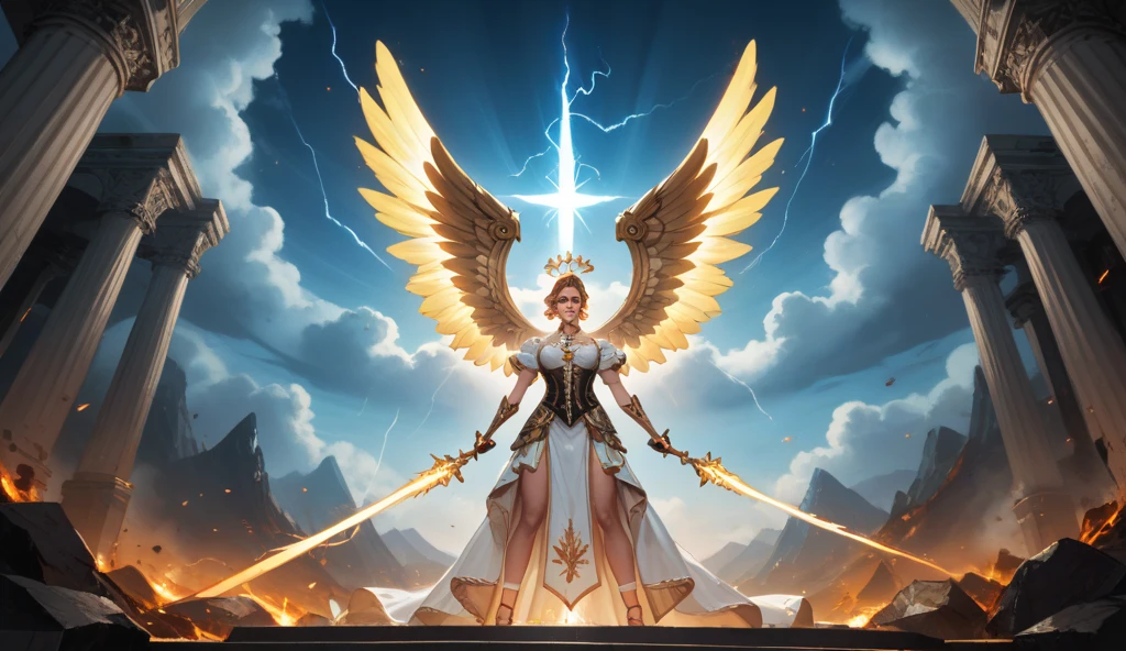 A dramatic and vibrant fantasy scene depicting a glowing angelic figure with large, radiant golden wings standing at the center of the composition. The angel emanates divine light, with beams of heavenly brightness piercing through a turbulent, stormy sky filled with dynamic lightning strikes and swirling clouds in shades of blue, gray, and white. Below, the foreground shows a fiery, molten landscape, with crosses scattered across the scene, symbolizing sacrifice and redemption. A dark, kneeling figure in a menacing pose looks upward toward the angel, creating a powerful contrast between good and evil. The overall atmosphere is intense, with vivid lighting and rich color tones, evoking themes of divine judgment, hope, and victory over darkness.