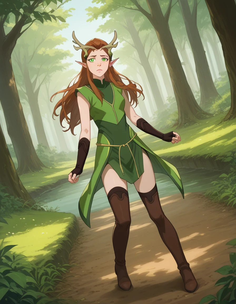 ((photo by full body))score_9, score_8_up, score_7_up, source_anime,
keyleth, keyleth, long hair, brown hair, green eyes, pointy ears, elf, antlers, freckles,
thighhighs, gloves, boots, fingerless gloves, thigh boots, brown footwear, green dress,
outdoors, nature,
looking at viewer, dutch angle, cowboy shot,