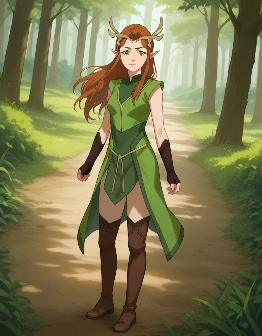 ((photo by full body))score_9, score_8_up, score_7_up, source_anime,
keyleth, keyleth, long hair, brown hair, green eyes, pointy ears, elf, antlers, freckles,
thighhighs, gloves, boots, fingerless gloves, thigh boots, brown footwear, green dress,
outdoors, nature,
looking at viewer, dutch angle, cowboy shot,