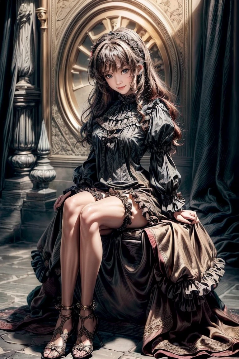 masterpiece, Highly detailed, super realistic, detailed background,
 bright Lighting, Daylight, beautiful face, beautiful eyes,
 medieval style, 1girl, solo,
(10-years-old little-princess)  sitting,  (long light-brown-curly-hair),
wearing ((Frilled Victorian mediaeval-colorful-dress:1.2)),
(Golden bracelet) and (Roman sandals),
( long dress, long sleeve, elegant),
 (((tiny breasts:1.5, (slender legs), (Slender thighs)))),
(pretty face), 
