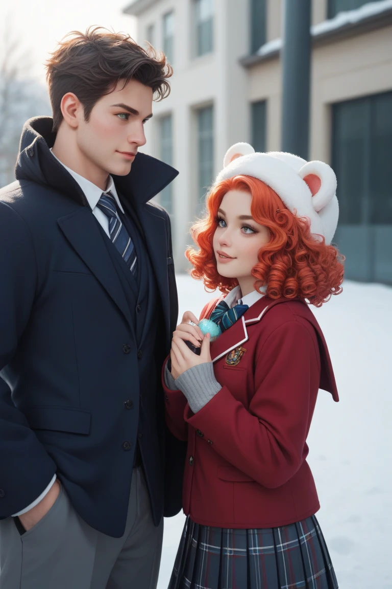  image of an  boy standing in front of a school of magic. His hair is two-colored .  the left part of the hair is red ,  the right side of the hair is white .  next to him is a girl of  with curly red hair .  On the other side is a boy of  with a human face but bear ears. they are wearing a red school winter uniform . in winter 