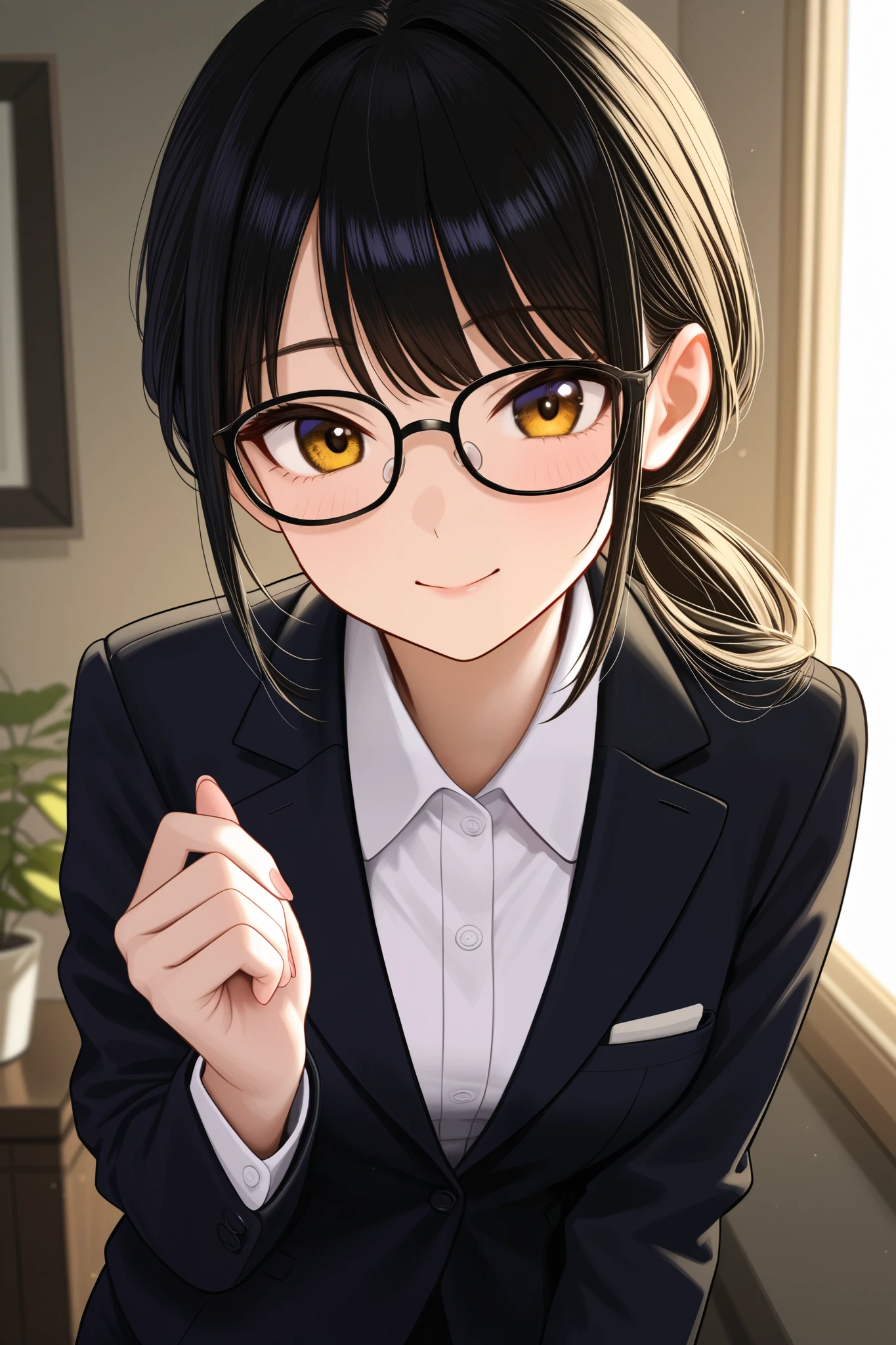 A young woman with glossy black hair styled in a loose, low ponytail. She has a gentle and approachable expression, wearing black-rimmed glasses. Her outfit consists of a sleek blazer and a neatly buttoned blouse, exuding a professional secretary look. The setting is a modern and elegant CEO's office, with large windows, minimalistic furniture, and soft natural lighting. The overall color palette is warm and sophisticated, highlighting her professionalism and approachable nature