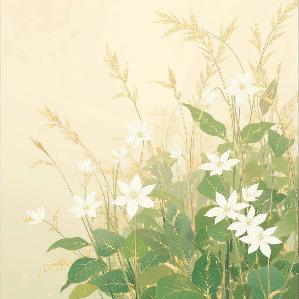 A traditional Japanese-style painting featuring delicate white flowers blooming amidst lush green foliage, inspired by classical Japanese art. The background should have a soft, muted beige tone with subtle golden accents and abstract grass-like patterns for depth. Include intricate details in the leaves, showing realistic veins and a variety of earthy green hues. Incorporate small additional plants and blossoms, maintaining a harmonious and serene composition. Use a watercolor or ink painting style to capture the elegance and tranquility of traditional Japanese aesthetics.