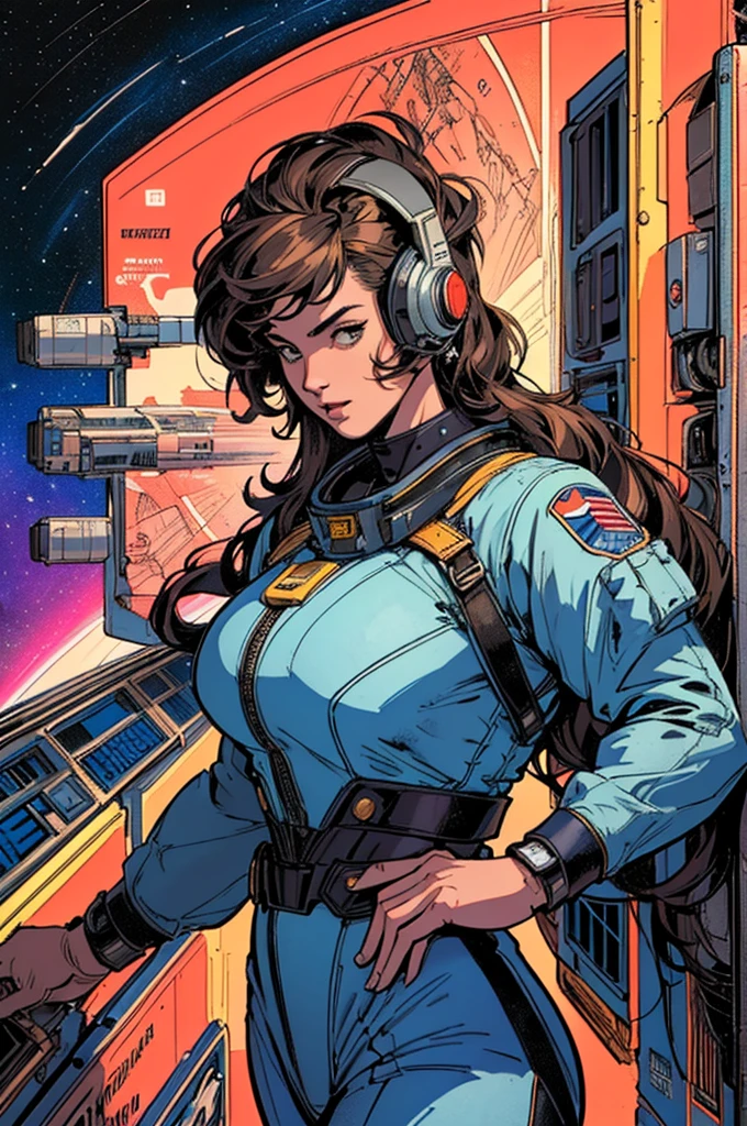 (((Top Quality Masterpiece ))),(((solo:1.2))),((( 1 woman :1.2))), 32K Highly Detailed Wallpaper , Retro Vintage Style ,(dynamic Angles),(((Overwhelming highlights))),((most complex machine)), American comics with a very flashy color scheme,80s space thriller movie poster ,70s movie poster,Detailed space station