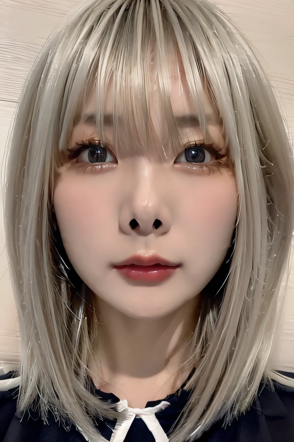 Blonde, Silver hair color , silver hair,Close up of a Japanese woman,Symmetrical face,Pretty Japanese woman,She is very, Expressive. She is looking up at the ceiling., angle from below while changing clothes,Nostril close-up, beautiful women, camera looking up at her , She is very face, embarrassed face ,