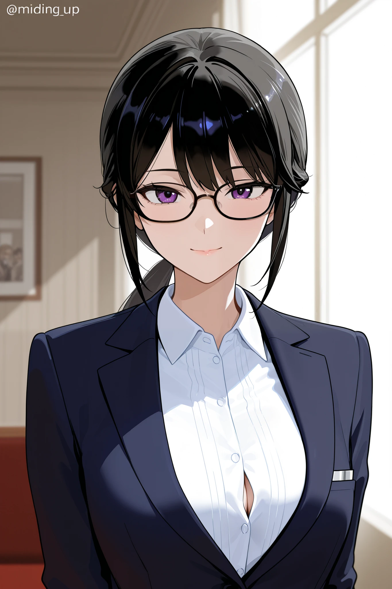 A young woman with glossy black hair styled in a loose, low ponytail. She has a gentle and approachable expression, wearing black-rimmed glasses. Her outfit consists of a sleek blazer and a neatly buttoned blouse, exuding a professional secretary look. The setting is a modern and elegant CEO's office, with large windows, minimalistic furniture, and soft natural lighting. The overall color palette is warm and sophisticated, highlighting her professionalism and approachable nature
