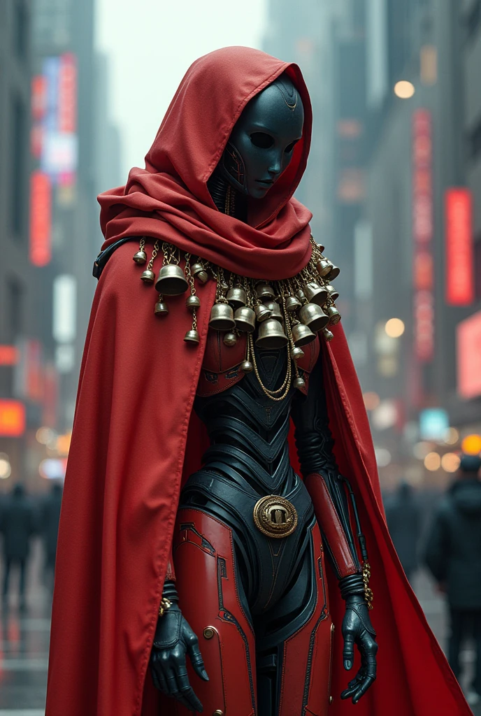 In the heart of a cyberpunk steel metropolis, a humanoid robot wearing a red cloak and a shawl made of bells stands awkwardly. The clear sound of the bells draws the attention of human inhabitants around him. While the city is filled with flashing neon lights and mechanical noise, his bells resonate like a language from another time.