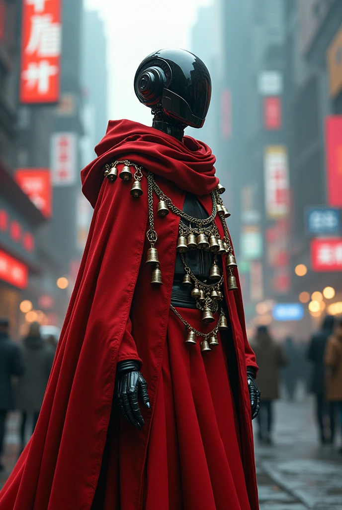 In the heart of a cyberpunk steel metropolis, a humanoid robot wearing a red cloak and a shawl made of bells stands awkwardly. The clear sound of the bells draws the attention of human inhabitants around him. While the city is filled with flashing neon lights and mechanical noise, his bells resonate like a language from another time.