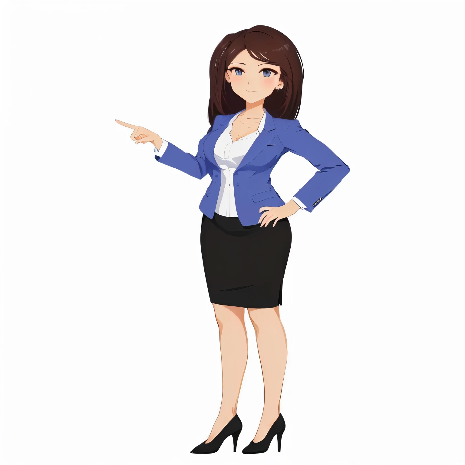 a woman in a business suit pointing at something, female in office dress, girl in a suit, anime full body illustration, !!full body portrait!!, standing elegant pose, woman in business suit, girl in suit, business woman, single character full body, visual novel sprite, character full body portrait, female anime character, casual pose, full body profile pose