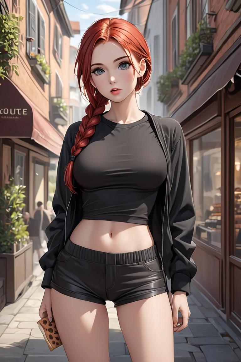 (masterpiece, best quality, 8k, high definition ), whole body, 1 woman , straight red hair tied into a side braid, Mid-chest, grey Eyes , soft lips , Beautiful face, wearing tight black shorts, black shirt showing midriff, black jacket, natural light, detailed background, Detailed Illustration Art , standing outside eating a chocolate chip cookie