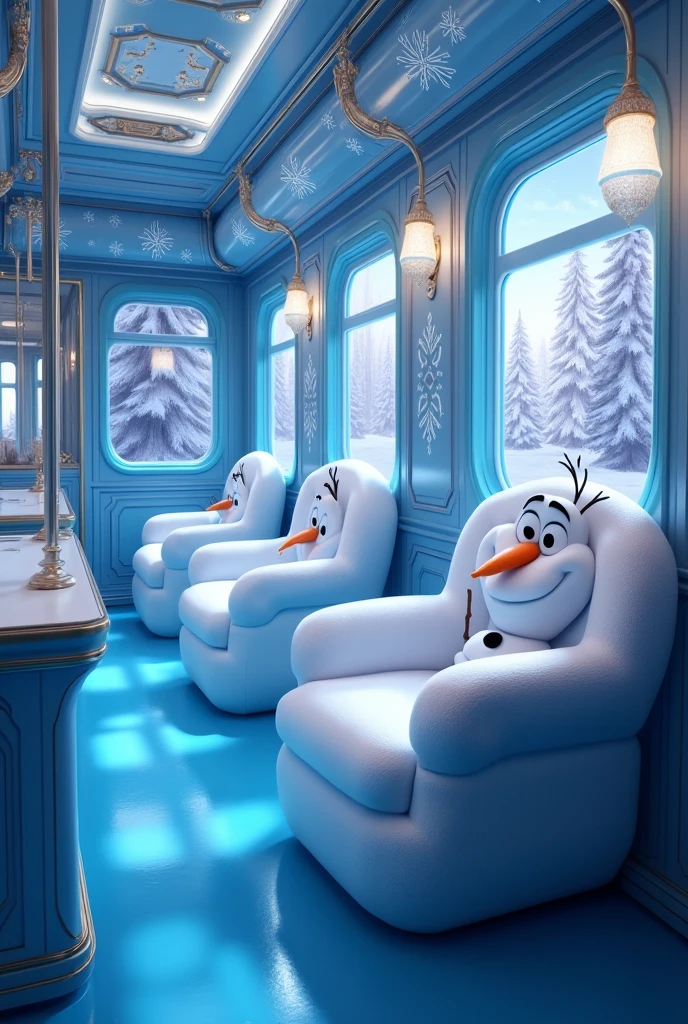  Inside the Frozen train there are several plush armchairs in the shape of Olaf ,  glass windows .. The shiny blue plush floor  ,  the shiny plush blue walls ,  Everything with details from Frozen , blue and white , I want the armchairs shaped like Olaf . 