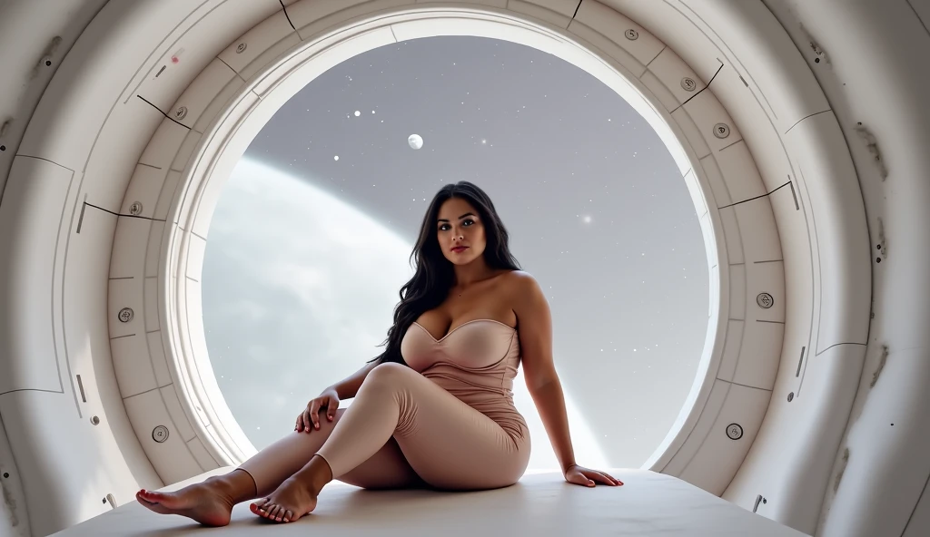 Thicc milf BBW hot dress in space neon ship background 