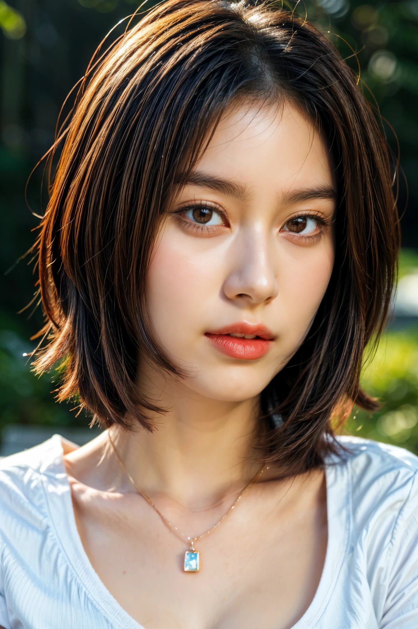 realistic, photo-realistic, best quality, masterpiece, RAW photo, high resolution, intricate details, extremely detailed, sharp details, sharp focus, (portrait, face focus, frontal photography), solo, a Japanese clothed woman, detailed face, detailed eyes, beautiful pupils, sophisticated nose, pale skin, fine-textured skin, necklace, jewelry, collarbone, simple background,,,