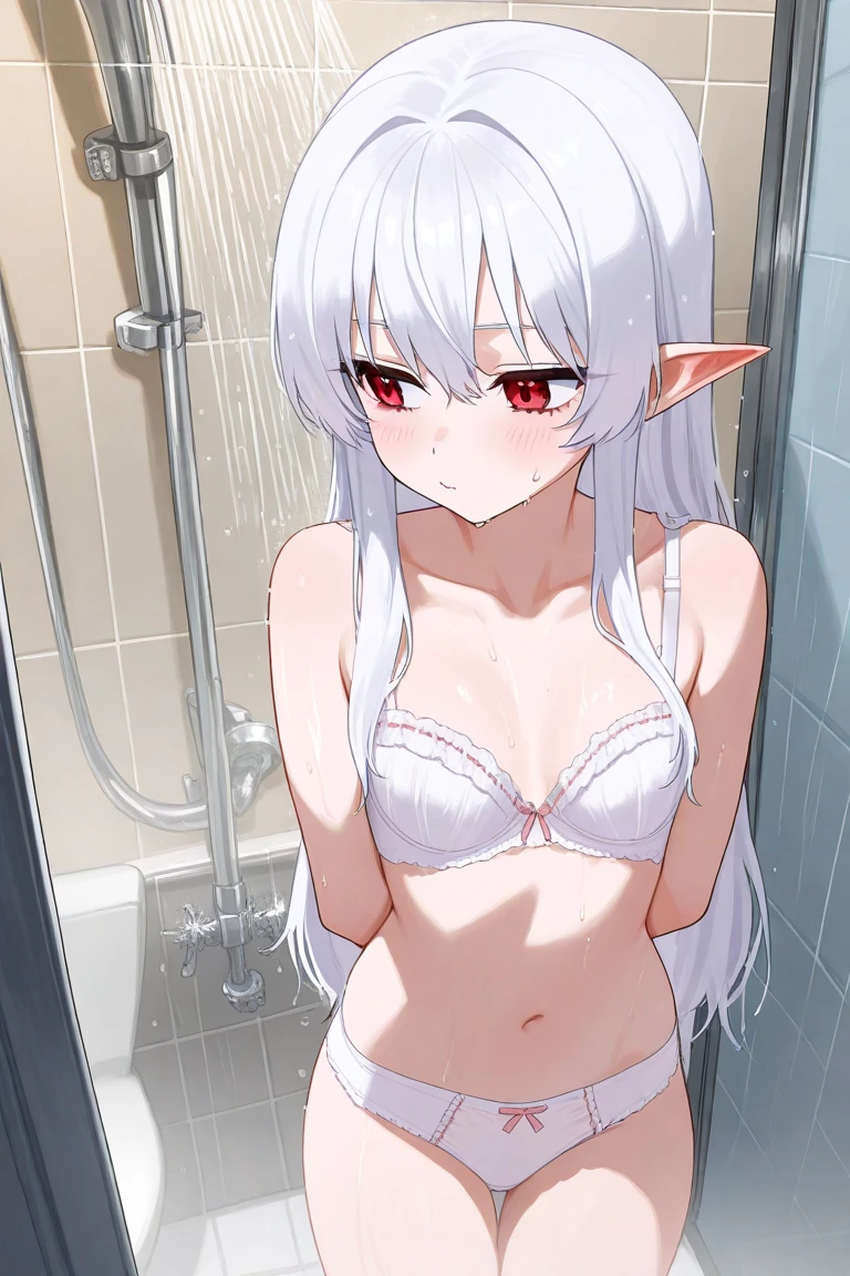 One elf woman, tanned brown skin, beautiful golden eyes, beautiful silver hair, pointed ears, pink lips, upper body depiction, surprised face, sweat, lips open, changing room, with towel Concealing nakedness, tying hair up, looking up, looking at viewer, facing forward, high image quality