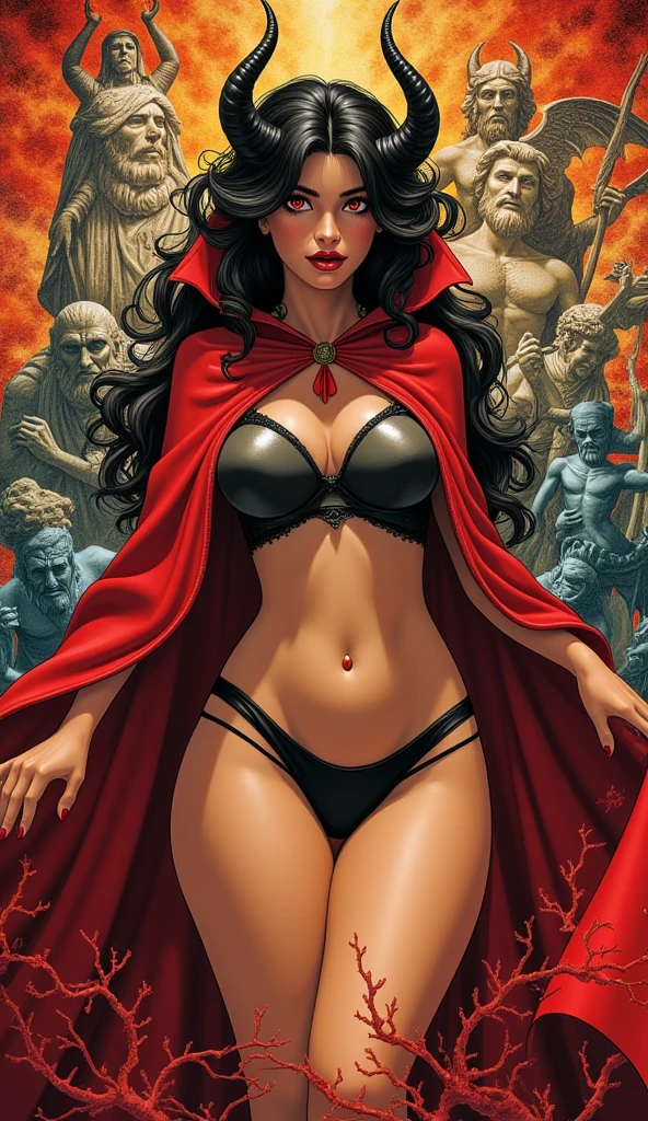 sorceress. sexy red robe, black panties, black hair, blank background