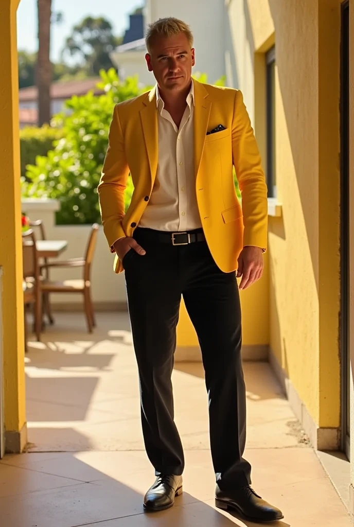 rico in a yellow suit with black slacks posing in the sun