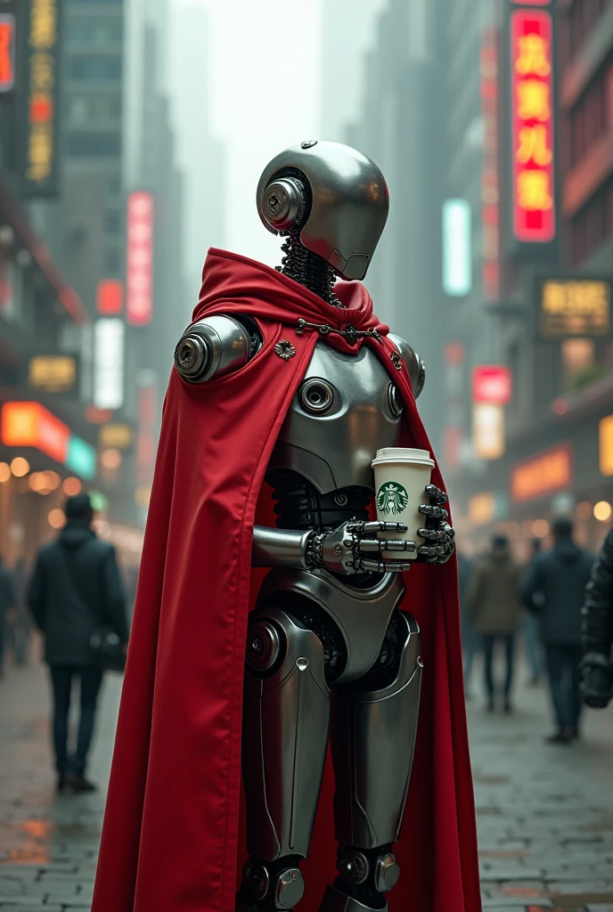 In the heart of a cyberpunk steel metropolis, a humanoid robot wearing a red cloak and a shawl made of bells stands awkwardly. The clear sound of the bells draws the attention of human inhabitants around him. While the city is filled with flashing neon lights and mechanical noise, his bells resonate like a language from another time.