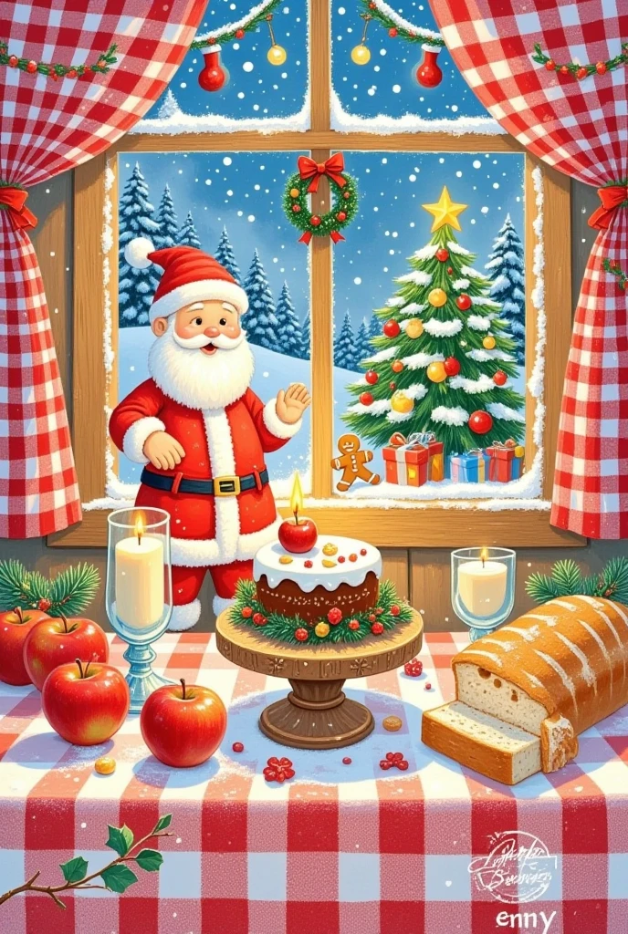 Pastel Art，Christmas illustration  ，Plaid curtains  ， bottom right corner of the kitchen tablecloth  、cake、candle、Glass、Christmas tree、Gingerbread Man、  apples、tableware、   artist's signature ， Hanging socks and Christmas wreaths on the wall。  Santa Claus  。  lined with bread  "Jenny"