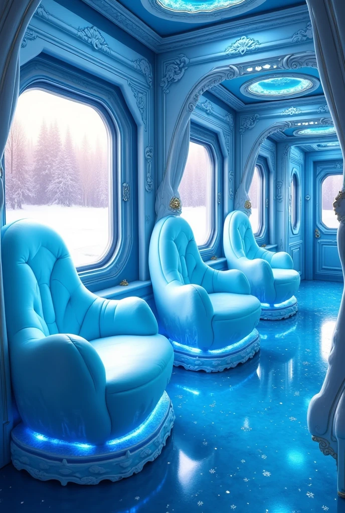  Inside the Frozen train there are several plush armchairs in the shape of Frozen ,  glass windows .. The shiny blue plush floor  ,  the shiny plush blue walls ,  Everything with details from Frozen , blue and white , I want the seats shaped like Frozen  