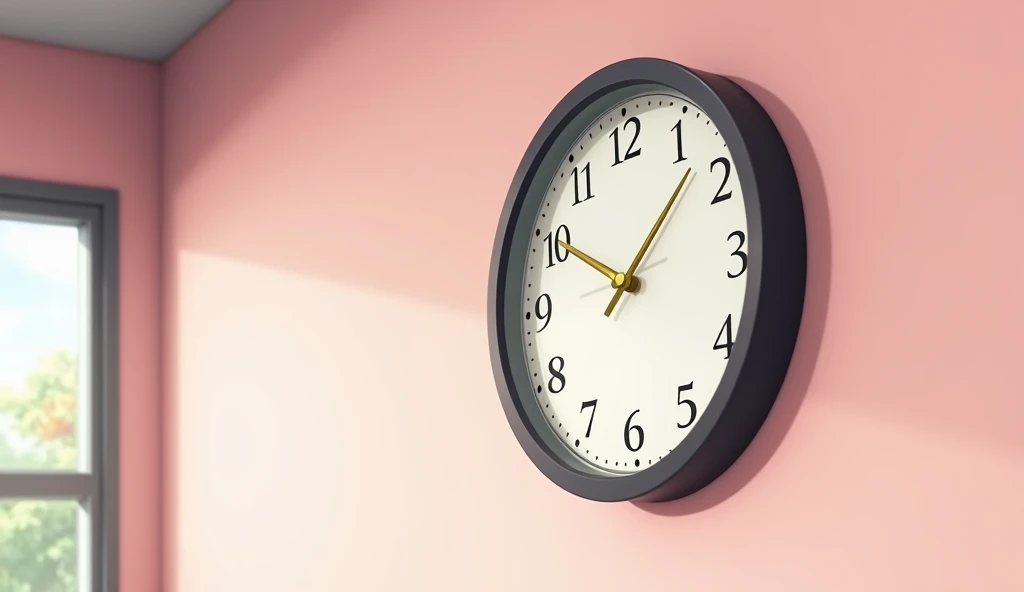 Anime style, a close-up of a classic round wall clock on the pastel pink wall. The clock shows exactly 7:00 AM. It has a white face, black numbers, and golden hands. The background includes a faint blur of the room’s decor: the edge of a poster and part of the window.