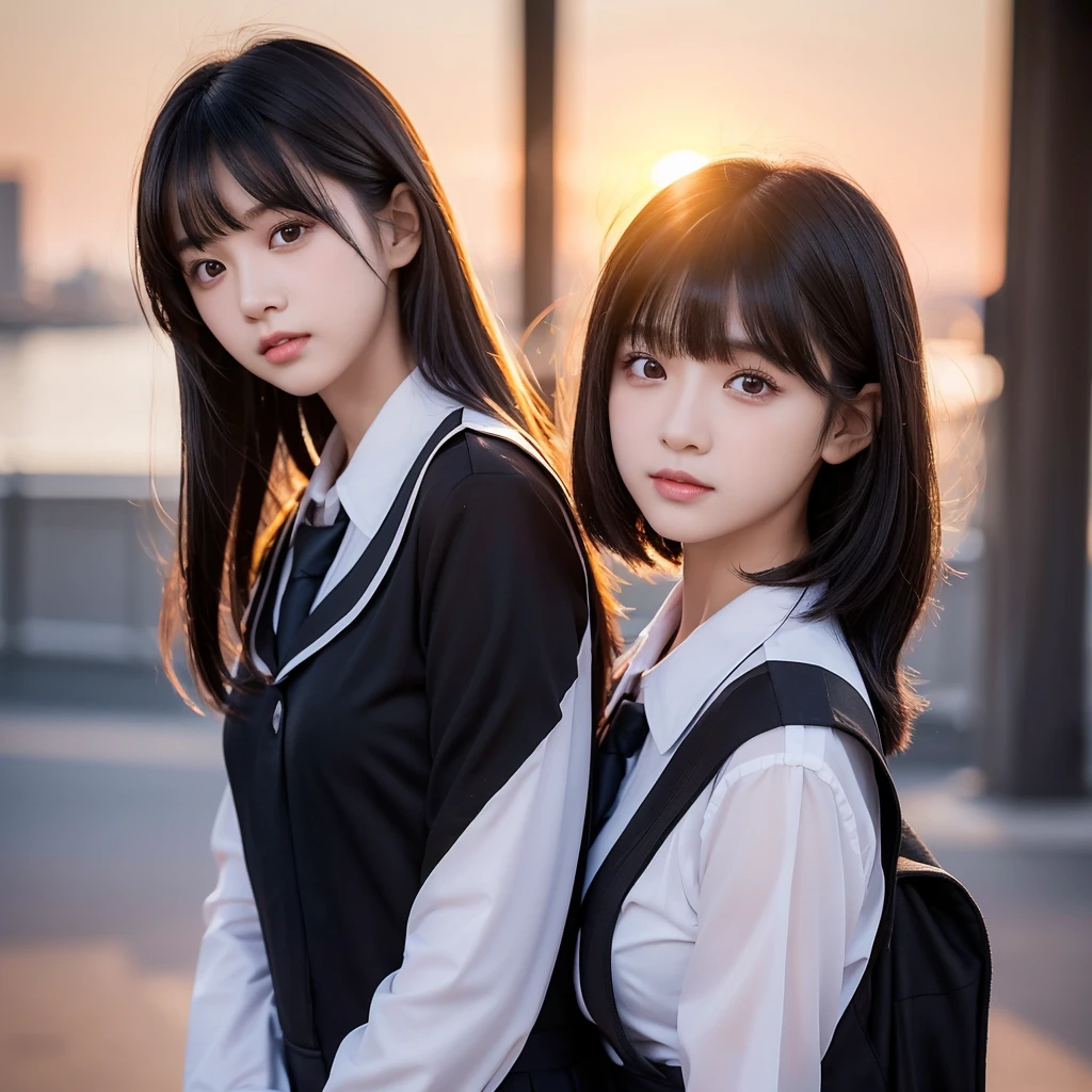 ******girl,twin girls,( black uniform ),  sunset , professional photography, Black hair short bob with bangs, completely straight hair,  movie photo,  detailed face,  beautiful Asian girl , Sunlight illuminating the hair , Hair gets tangled in strong winds