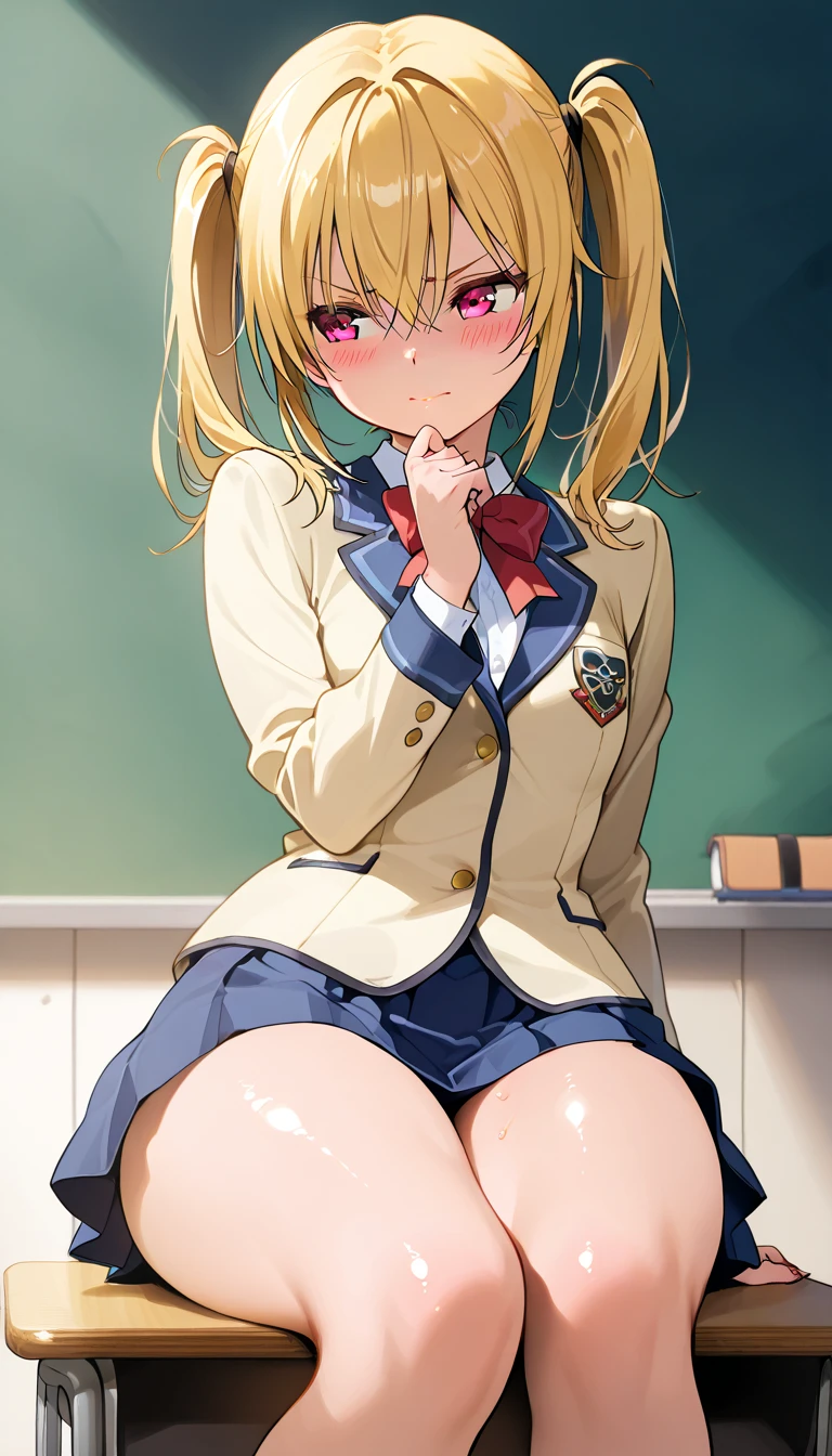  top quality, 4K,  Masterpiece  :1.3),  high definition 、 high image quality、 high definition 、8k,Anime Style、shiny skin、 real、 oily skin 、1girl、Blonde、 twin tails、 Female College Student、 Mini Skirt、 thick thighs、Easy birth type、From below、、classroom、after school、 sitting at a desk 、blush、 crosses legs、 looks away、 is shy、Tsundere