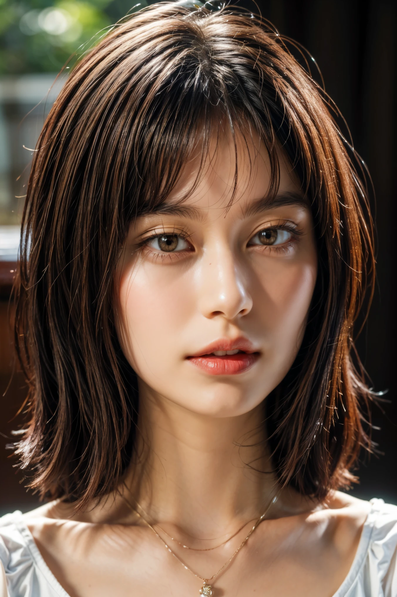 realistic, photo-realistic, best quality, masterpiece, RAW photo, high resolution, intricate details, extremely detailed, sharp details, sharp focus, (portrait, face focus, frontal photography), solo, a Japanese clothed woman, detailed face, detailed eyes, beautiful pupils, sophisticated nose, pale skin, fine-textured skin, necklace, jewelry, collarbone, simple background,,,