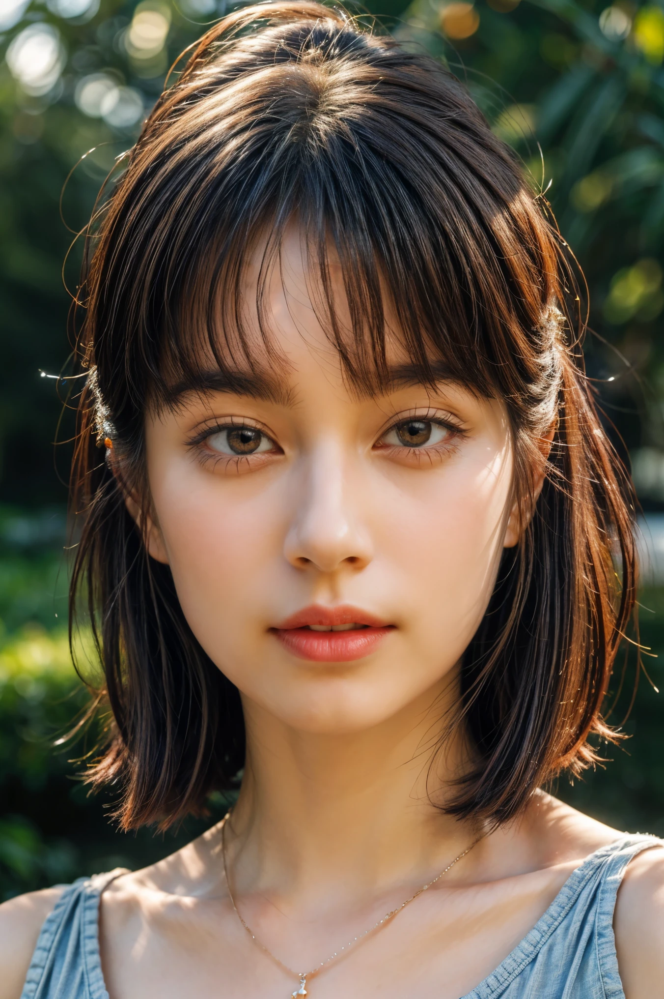 realistic, photo-realistic, best quality, masterpiece, RAW photo, high resolution, intricate details, extremely detailed, sharp details, sharp focus, (portrait, face focus, frontal photography), solo, a Japanese clothed woman, detailed face, detailed eyes, beautiful pupils, sophisticated nose, pale skin, fine-textured skin, necklace, jewelry, collarbone, simple background,,,