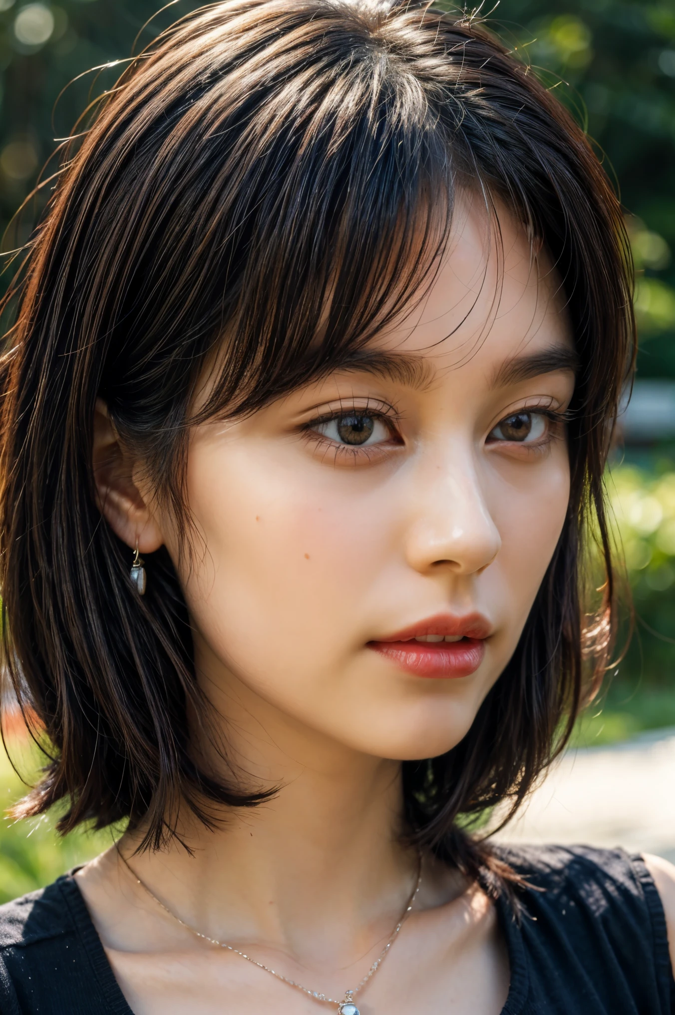 realistic, photo-realistic, best quality, masterpiece, RAW photo, high resolution, intricate details, extremely detailed, sharp details, sharp focus, (portrait, face focus, frontal photography), solo, a Japanese clothed woman, detailed face, detailed eyes, beautiful pupils, sophisticated nose, pale skin, fine-textured skin, necklace, jewelry, collarbone, simple background,,,