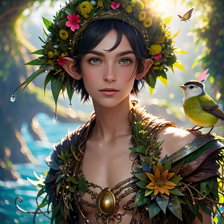    A pretty elven boy  , naked,  big puffy nipples  ,  full length .  On his head there is a wreath of flowers  , dew drops on the wreath,  the sun sparkles in dew drops  !  And on the wreath there is a bird's nest with a beautiful bird ,  Close-up surreal moss elf with sharp ears, illustration,  a detailed matte resin drawing  ,  Intense color  ,  fantastic  , bright colors ,  fantastic   concept art,  all covered with greenery  , absolutely everything  ,  Island of Nevisenia in the ocean there are , Unhappy savage people live there , they look terrible,  but the good inside  !