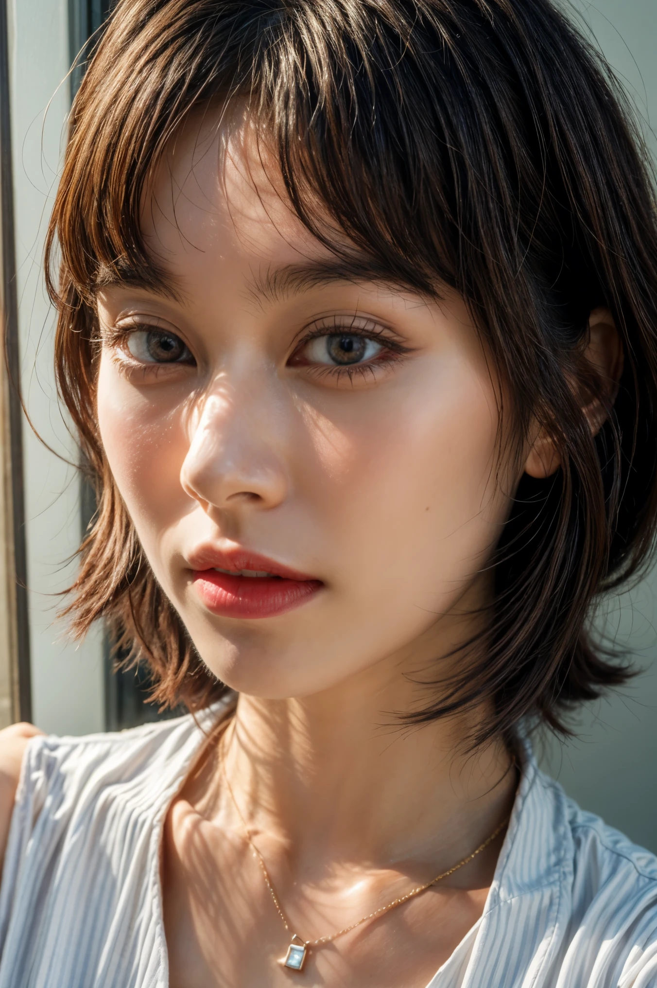 realistic, photo-realistic, best quality, masterpiece, RAW photo, high resolution, intricate details, extremely detailed, sharp details, sharp focus, (portrait, face focus, frontal photography), solo, a Japanese clothed woman, detailed face, detailed eyes, beautiful pupils, sophisticated nose, pale skin, fine-textured skin, necklace, jewelry, collarbone, simple background,,,